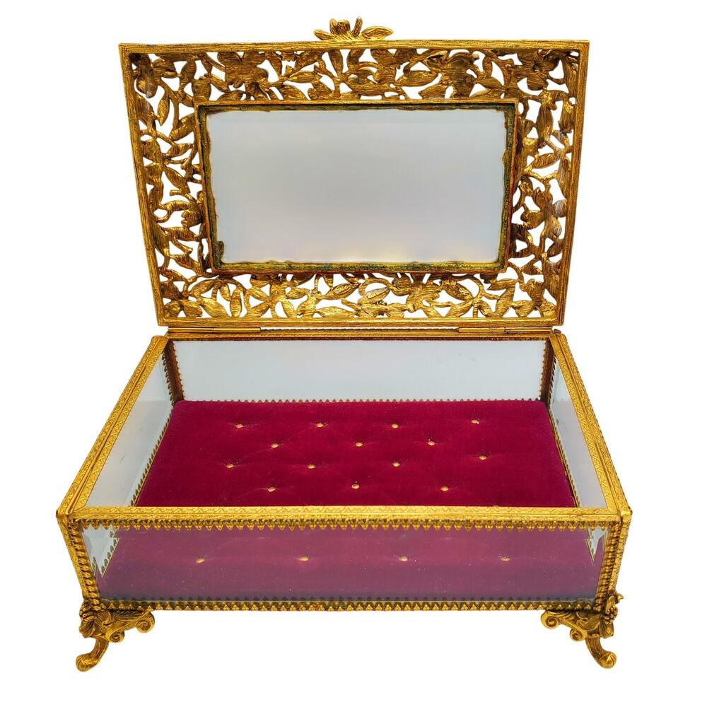Matson Ormolu Jewelry Casket Box Dresser Vanity Case Gilt Metal Footed Burgundy